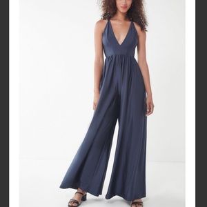 UO Gia Plunging Shimmer Navy Jumpsuit